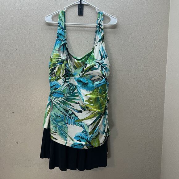 Maxine Of Hollywood Swimsuit Sz 18 Blue Tropical Floral Swim Dress Skirted - Picture 1 of 9